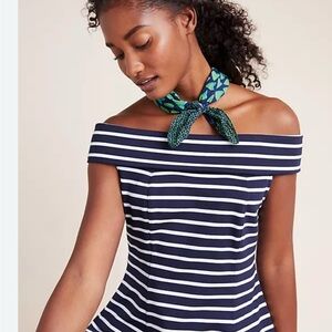 Anthropologie Navy and White Off-the-Shoulder Striped Tunic